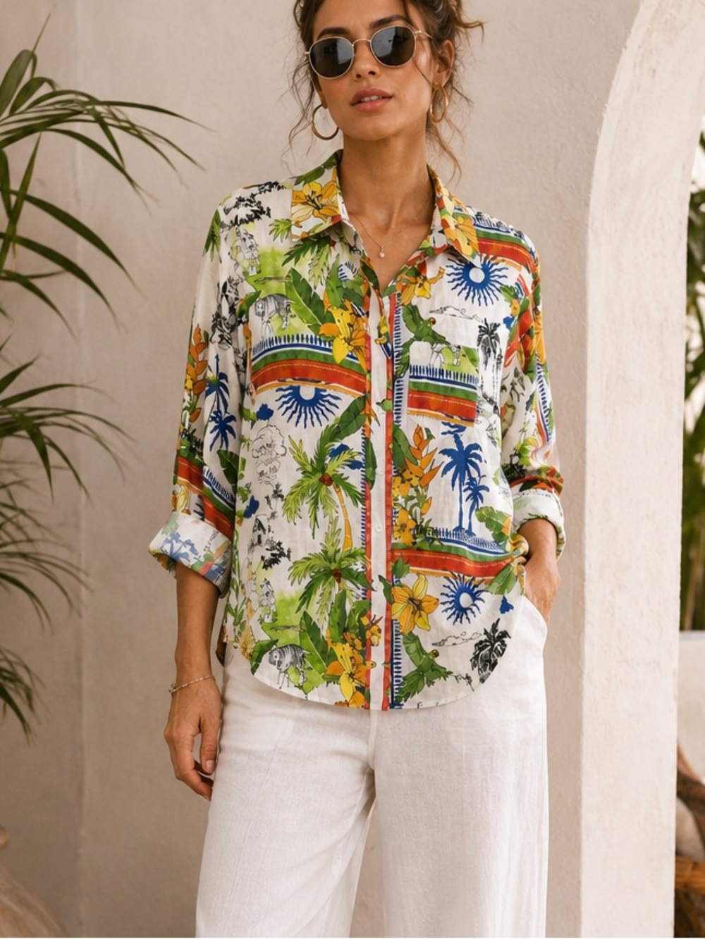 LUCKY & COCO Tropical Button Up Shirt L Cotton Travel Print Blouse NEW Resort